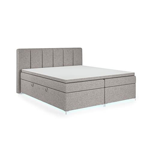 FEDVE Boxspringbett 180x200 Grau – Kioto – Schlafzimmer Bett LED mit...