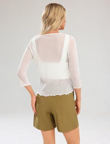 Image of Aiboria Womens 3 /4 Sleeve Shrug Lightweight Bolero Tie Front Cropped Cardigan White