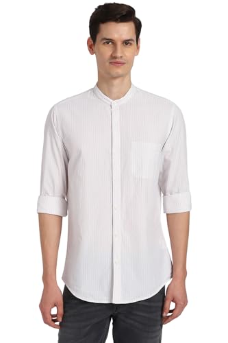 Image of Peter England Men's Casual Mandarin Collar Slim fit Full Sleeve Shirt in 100% Cotton Seersucker with Striped Design