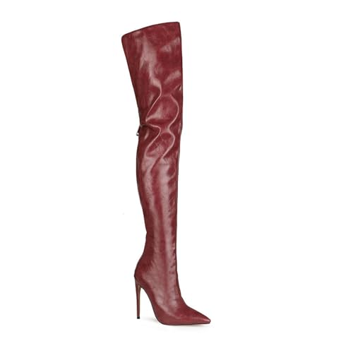 Image of Thigh high boots for women striped Back zipper Burgundy Zebra Print Over the knee Sexy gold white pointed toe Cow Print leopard Magenta stiletto heel