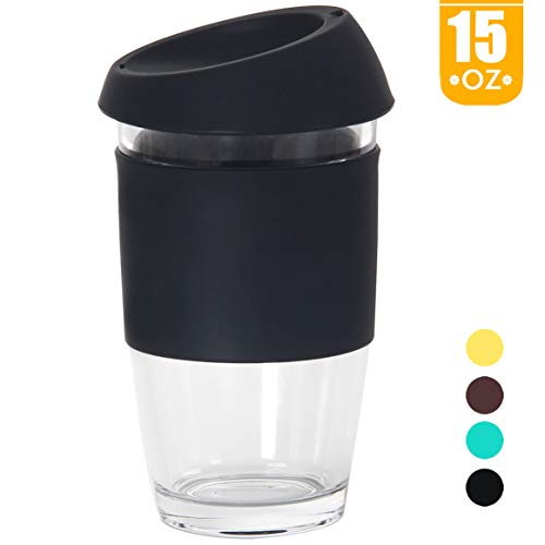 Smilatte 15 oz / 450ml Reusable Glass Coffee Cup, Portable Large Travel Mug
