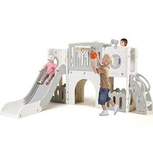 Arlopu 9 in 1 Large Toddler Slide, Kid Playset w/Long Slope, Baby Climber Set w/Basketball Hoop, Telescope, Tunnel, Storage Space, Enclosed Steps, Indoor Outdoor Playground for Ages 3+