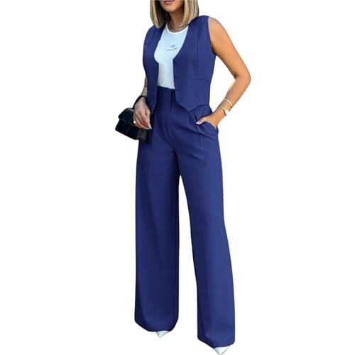 Womens 2 Piece Sets Casual Jacket Suits Short Blazer Vest and High Waist Wide Leg Pant Trendy Lounge Outfits with Pockets