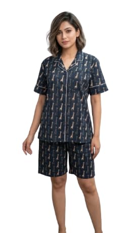 Women's Cotton Printed Nightwear Short Set, Fruit and Floral Print, Button-Down Shirt with Shorts-picture-36
