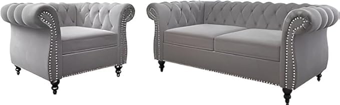 Image of Solid Wood Velvet Fabric L Shape Sofa Sofa for Living Room Button Tufted Sofa Chair for Home & Office (Left Aligned L-Shaped (Grey)