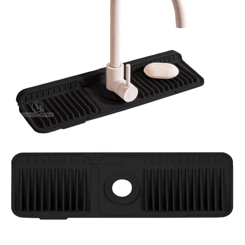 蛇口水切りマット 蛇口後方用 固定バックル付き シリコン製 自動排水 45×14cm 傾斜設計 滑り止め 抗菌 速乾 ワイドサイズ キッチン・洗面台・バスルーム 水はね防止 スプラッシュガード（ブラック） [並行輸入品]