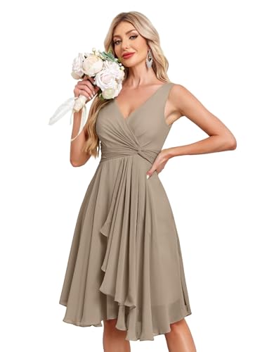 Image of Women's V Neck Short Bridesmaid Dresses 2025 Ruched Waist A Line Chiffon Formal Cocktail Party Dress