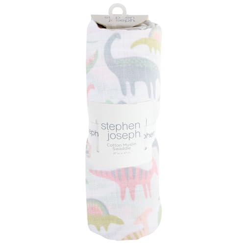 Image of Stephen Joseph, Muslin Swaddle Blanket for Baby Girls and Boys, Newborn Receiving Blanket for Swaddling, 100% Cotton Baby Swaddle Wrap, Receiving Swaddle Wrap, 47 x 47 inches, Pink Dino