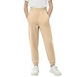 Girls Straight Leg Sweatpants High Waist Stretch Casual Sports Pant Pocket Fashion Elastic Cuffed Trousers (2-12 Years) Khaki