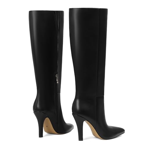 femflame Black Knee High Boots For Women Pointed Toe Stiletto Heel Dress Tall shoes Black Kitten Heel Wide Calf Boots Winter Boot For Women With Zipper4
