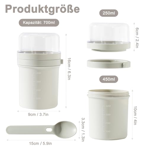 Swkien MüSlibecher to Go, Joghurtbecher to Go 450ml+250ml, Joghurt to Go Becher mit Löffel, Müsli Becher to Go für Müsli & Joghurt… – Ansicht 3