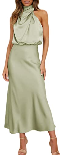 OLIPHEE Damen Satin Kleid Ärmellos Krawatte Taille Elegante Cocktail Party...