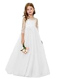 Abaowedding Lace Floral Appliques Flower Girl Dress, 3/4 Sleeve Girls Pageant Tulle Ball Gown (Size 6, White)