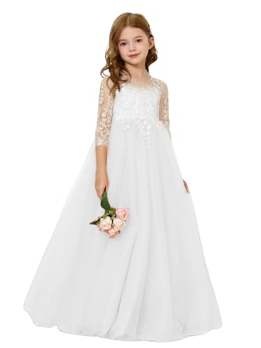 Abaowedding Lace Floral Appliques Flower Girl Dress, 3/4 Sleeve Girls Pageant Tulle Ball Gown