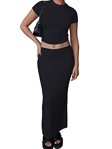 NUFIWI Women Crochet Knit 2 Piece Outfits Set Short Sleeve Shirt Crop Top High Waist Bodycon Midi Skirts Set Y2k Set