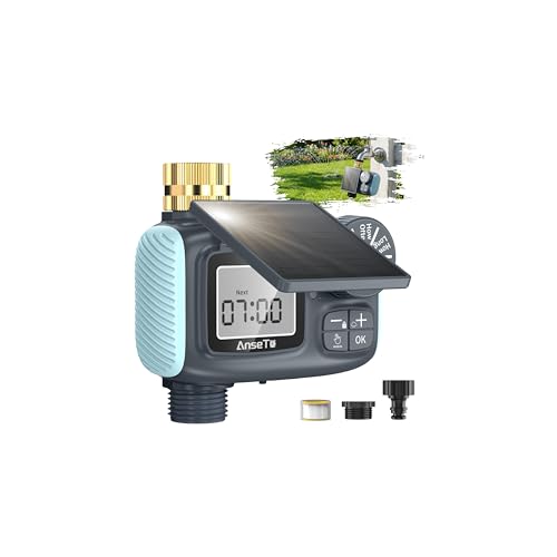 AnseTo Solar Sprinkler Timer, Solar & Type-C Rechargeable Water Timer for Garden Hose, Programmable Faucet System with Rain Delay/Manual/Auto Mode, Digital Irrigation Controller for Lawn/Yard/Pool