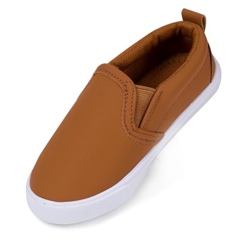 Image of Boys Leather Slip on Sneakers Casual Leather Brown 7