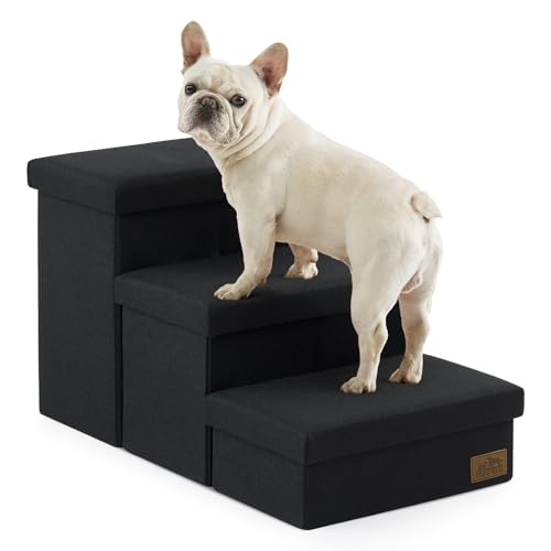 Image of Dog Stairs with Storage, 3-Step Wider Sturdy Dog Steps for Small /Medium /Large Dogs and Older Cats, Folding Doggie Ramp for Bed /Couch /Car Hold Up to 180 lbs (16.7 inch H, Black)