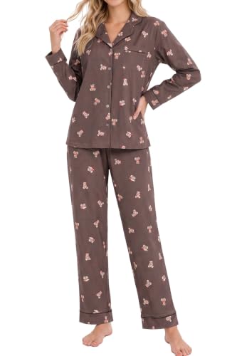 Image of LUBOT Christmas Pajamas for Women 100% Cotton Pajama 2 Piece PJ Set Soft Long Sleeve Button Xmas Print Loungewear XS-XXL