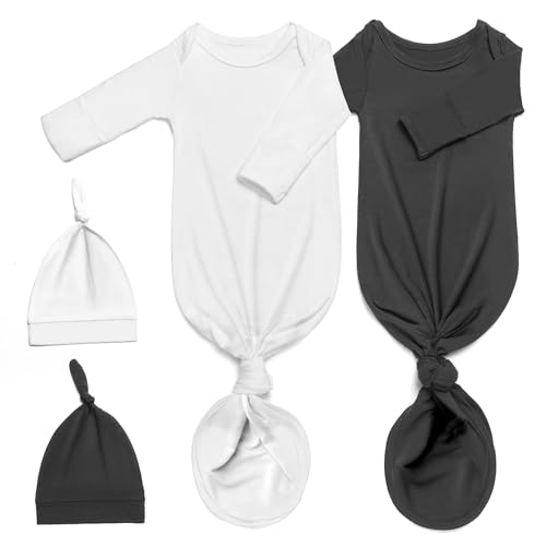 Image of Noah Baby Super Soft Newborn Knotted Gown Set - Silky Infant Sleepwear with Long Sleeves, Includes Hat & Headband (2-Pack)