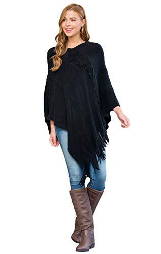 Classic Soft Knit Poncho Shawl Wrap - Basic Warm Pullover Fringe Tassel Sweater Chunky Crochet, Plain V-Neck