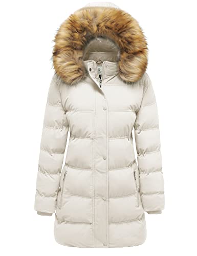 WenVen Women's Winter Coat Puffer Long Parka Jacket with Faux Fur Hood (Beige, 2XL)