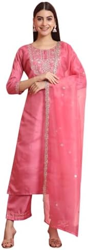 VredeVogel Women's Silk Blend Embroidered Kurta with Pant & Dupatta Set
