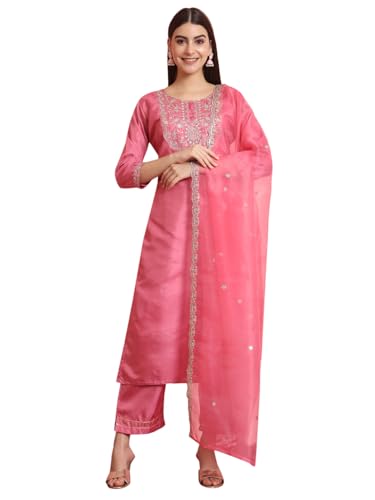 VredeVogel Women's Silk Blend Embroidered Kurta with Pant & Dupat...