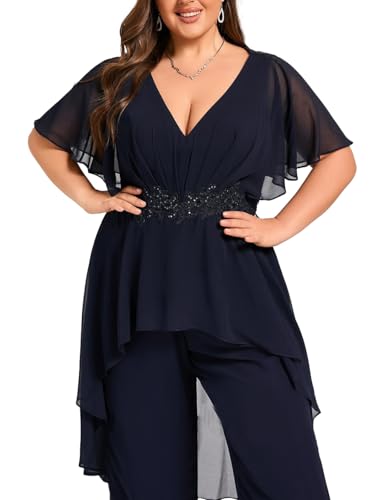 Plus Size Pantsuit Chiffon V Neck Mother of The Bride Pant Suits for Wedding Guest Formal Dresses Outfit Set3