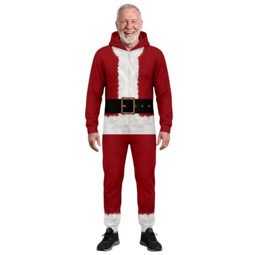 Ugly Christmas Theme Onesie Men 3D Santa Graphic Zip Up Hooded Jumpsuit - image 1