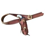 Western Leather Gun Holster Belt, Brown Genuine Leather, Single Pistol Holder with Brass Buckle...