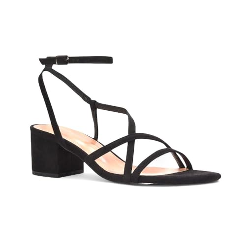 Image of ESSEX GLAM Women's Ankle Strap Sandals Ladies Low Mid Block Heel Party Bridal Black Faux Suede Buckle Strappy Shoes Size 6