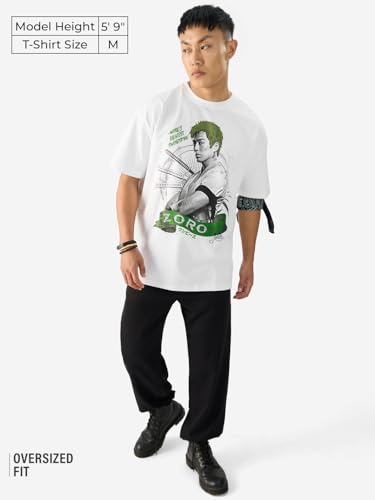 Image of The Souled Store Official One Piece: Roronoa Zoro Men and Boys Short Sleeve Round Neck White Graphic Printed Cotton Oversized T-Shirts