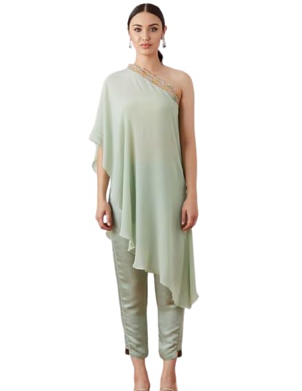 One Shoulder Asymmetric Tunic with Pants Set, Mint Green, Georgette, Embellished Neckline, Contemporary Indo-western Fusion Wear, Free Size-image-35