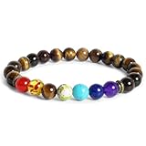 Aura Design 7 Chakra Perlenarmband für Damen und Herren - edle Naturperlen - Yoga Armband - Meditation - Buddha Armband - Stein Armband - Gelbes Tigerauge - [19,5 cm Umfang] & [8 mm Perlen] …