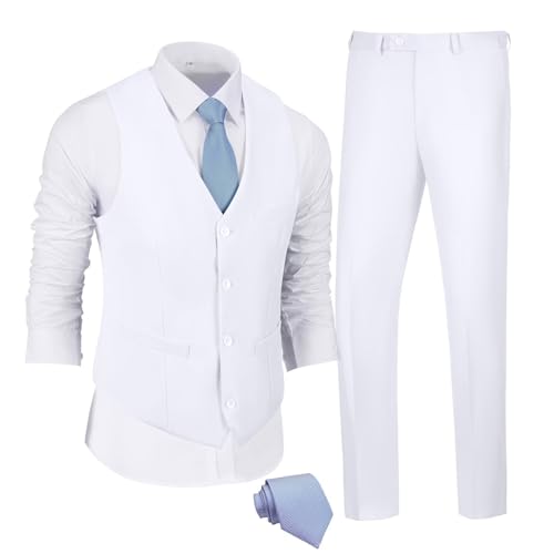 JPF Men's 2 Piece Slim Fit Suit Set, Solid Vest and Pants Suit for Men with Tie