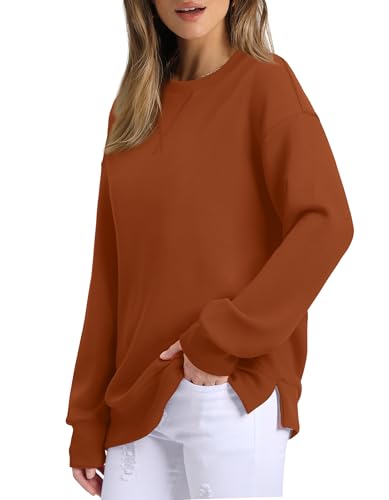 Saloogoe Womens Casual Loose Fit Sweatshirt Trendy Tops Crewneck Side Split Long Sleeve Shirts2