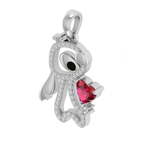 Sterling Silver Disney Adorned Stitch Pendant with Red Heart, Lab Created Stone, 18 inches 5