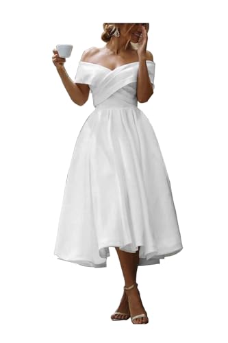 Image of Simple Short Wedding Dresses for Bride 2025 Elegant Off the Shoulder Ruffle Satin Bridal Shower Dress for Women