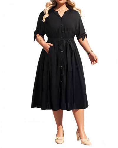 Pinup Fashion Summer Work Dress Plus Size - Office Casual Business Button Front Midi Dress with Pockets4