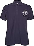 Detaillreiches Polo Shirt in Navyblau für die Männerwelt Vorne in Brusthöhe seitlich mit weißem Anker und Banderole (Be the one to guide me) Auf dem Rücken mit großem Backrpint Motiv: Hintergründiger Kompass mit Anker, Rosen und Meerjungfrau Schriftzug in Banderole: Be the one to guide me 3-er Knopfleiste Ton-in-Ton Knöpfe Nackenband Arm- und Bundabschluss mit Doppelnaht Seitennähte Polo-Rundumkragen Abmessungen (Circa): S - Länge (ab Schulter) 71cm, Brustumfang 99cm, Armlänge 23,