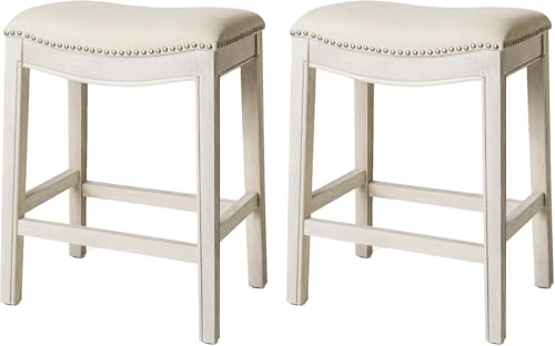 Image of Maven Lane Adrien Backless Counter Stool - Set of 2 - 26 Inches - Saddle Stool with Footrest - Cream Solid Wood Frame & Cream Fabric Upholstery - Perfect for Kitchen Islands & Counters