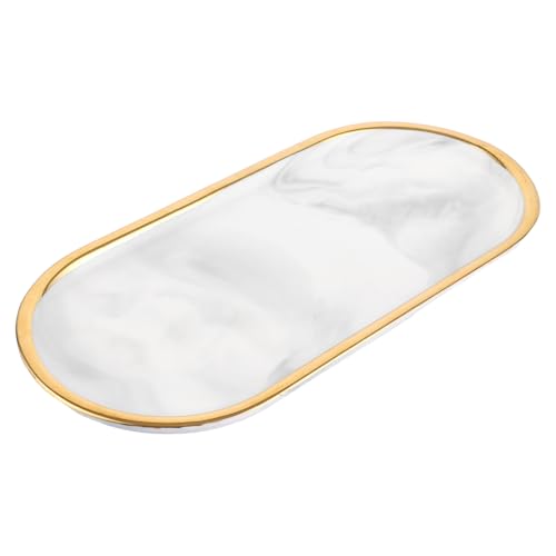 YAYODS 1 vassoio in marmo bianco – Piatto in marmo ovale – Vassoio decorativo in ceramica con bordo dorato 12 x 26 x 1,5 cm per conservare gioielli, cosmetici, candele e altri piccoli oggetti