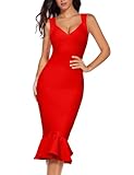 Madam Uniq Women Shoulder Strap Sleeveless Fishtail Midi Bandage Dress Bodycon Club Party Evening Wedding Guest Dresses (L, red-1)