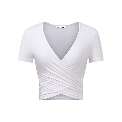 VETIOR White Tops for Women Deep V Neck Short Sleeve White Crop Top Wrap Going Out Tops for Women M White Cover