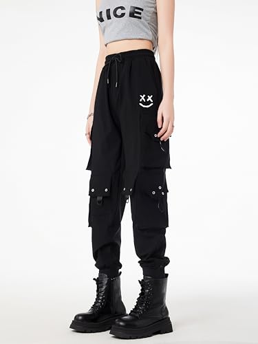 CLOAKA Cargohose Damen Hosen Jogginghose Hose Baggy Weites Bein Y2k Pants Outdoor High Waist Stretch Cargo Techwear Streetwear Bequeme Große Größen Gothic Breite Gummizug Cargohosen Print Schwarz 3XL
