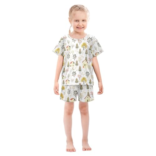 ALAZA Cartoon House Tree Pajamas Set Short Sleeve Cotton Sleepwear Summer Pjs 2 Piece 5-14Y3