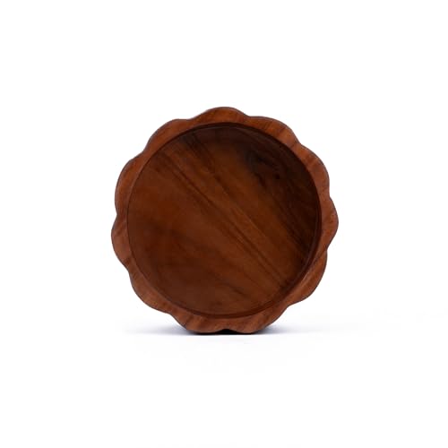 Acacia Wood Salad Bowl for Kitchen Counter | Wooden Bowl For Nuts, Snacks, Salad | Handcarved Scallop | No Leaks No Cracks Straight Walls| Catch all 7X7x2.5 inches | Designed in USA Handmade In India