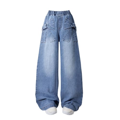 Nivne Tco Tween Girls' Jeans Casual Elastic Waist Straight-Leg Denim Pants with Bowknot for Girls Clothing (US, Age, 12 Years, Blue)