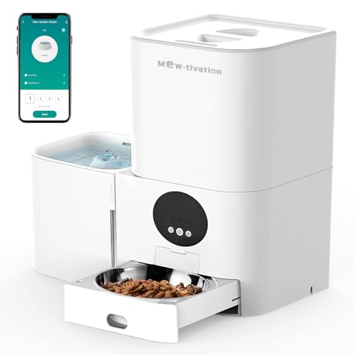 2 in 1 Automatic Cat Feeder and Water Dispenser, 5L Auto Pet Feeder for Dry Food with App Control & 3L Water Fountain, 10 Meals/Day & 12 Portions/Meal, 10s Voice Record, Flexible Schedule Timer